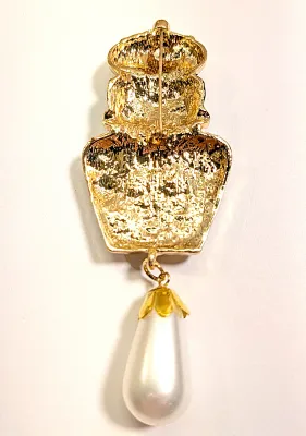 **NEW ARRIVAL** Black-Faced "BUDDHA" Style BROOCH (3½" x 1¼") with Large Oval Belly Cabochon, Pink & White Faux...