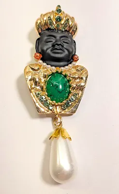 **NEW ARRIVAL** Black-Faced "BUDDHA" Style BROOCH (3½" x 1¼") with Large Oval Belly Cabochon, Pink & White Faux...