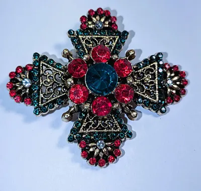 **NEW ARRIVAL** Beautiful RED & GREEN Stones CROSS BROOCH (2¼" x 2") with Filagree Grill and Red and Green Accent Stones +...