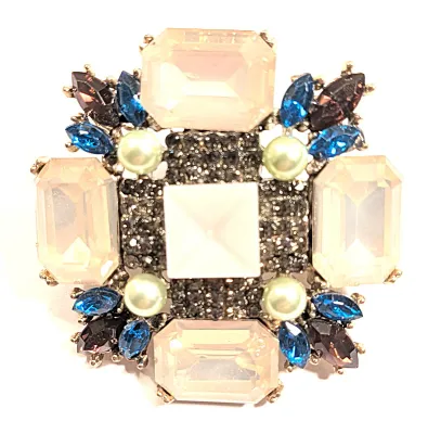 **NEW ARRIVAL** Muted PINK Rectangle Beveled Glass Stones BROOCH (2" x 2") with WHITE Center Stone, Lime "Pearls" and...