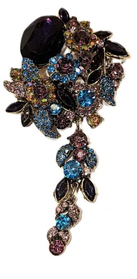 **NEW ARRIVAL** Beautiful LARGE BEJEWELED BOUQUET BROOCH (4" x 2") with Purple, Blue & Pink Assorted "Cut" Stones...