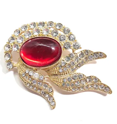 **NEW ARRIVAL** Bejeweled Gold Colored FLOWER SPRAY BROOCH (3" x 2") with Large Single Oval RED Center Stone on a Gold Tone...