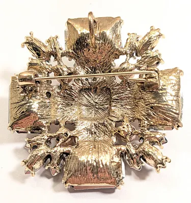 **NEW ARRIVAL** CHAMPAGNE Colored Rectangle Beveled Glass Stones BROOCH (2" x 2") with Crackled GREEN Center Stone, Pink...