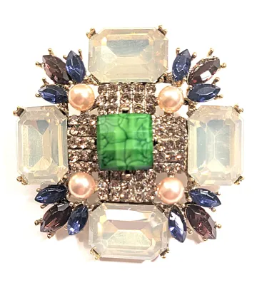 **NEW ARRIVAL** CHAMPAGNE Colored Rectangle Beveled Glass Stones BROOCH (2" x 2") with Crackled GREEN Center Stone, Pink...