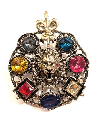 **NEW ARRIVAL** Multicolor LION'S HEAD BROOCH (2" Diam.) with 7 Various Colored Square, Oval & Round Stones on a Silver...