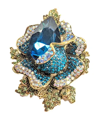 **NEW ARRIVAL** Large Stones Bejeweled BLUE Colored BOUQUET BROOCH (2¾" x 2¼") with Iridescent & Green Stones on a Gold...