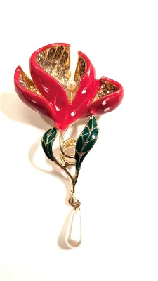 **NEW ARRIVAL** Beautiful Enameled & Jeweled "SPLIT PETALS TULIP" BROOCH (2½" x 1¾") with Faux Pearls, Green...