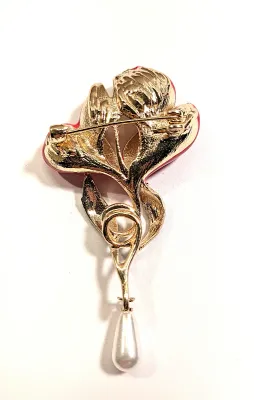 **NEW ARRIVAL** Beautiful Enameled & Jeweled "SPLIT PETALS TULIP" BROOCH (2½" x 1¾") with Faux Pearls, Green...