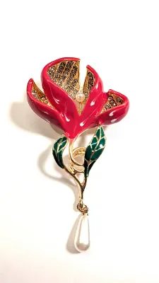 **NEW ARRIVAL** Beautiful Enameled & Jeweled "SPLIT PETALS TULIP" BROOCH (2½" x 1¾") with Faux Pearls, Green...