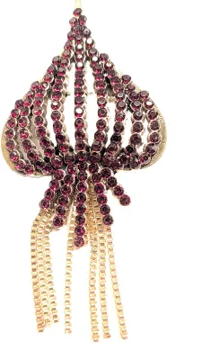 **NEW ARRIVAL** Large "LOVE UPSIDE DOWN HEART" BROOCH (3½" x 2") with Cranberry RED Stones and DANGLES on a Gold Tone...