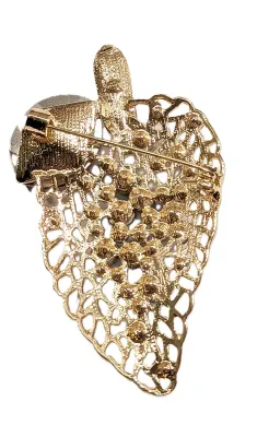 **NEW ARRIVAL** Bejeweled Gold Colored LEAF BROOCH (3" x 2") with Blue & Black Stones and Large Clear + Purple Stones on a...