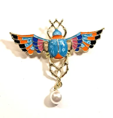 **NEW ARRIVAL** Multicolor Ceramic "BUG" BROOCH (3" x 2½") with Large Faux Pearl Dangle on a Gold Tone Setting