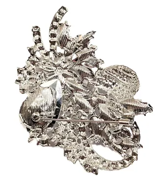**NEW ARRIVAL** Large Stones Bejeweled Silver Colored BOUQUET BROOCH (3½" x 2½") with Strings of Iridescent Stones on a Silver...