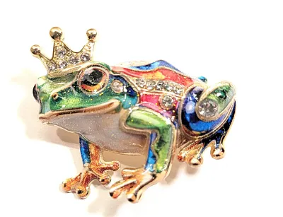 **NEW ARRIVAL** GREEN Ceramic "King" FROG BROOCH (1¾" x 1¼") with Jeweled Gold Colored Crown, White Belly and Orange...
