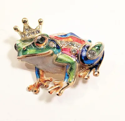 **NEW ARRIVAL** GREEN Ceramic "King" FROG BROOCH (1¾" x 1¼") with Jeweled Gold Colored Crown, White Belly and Orange...