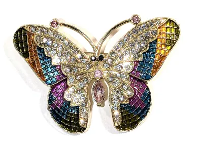 **NEW ARRIVAL** Multicolor Enameled BUTTERFLY BROOCH (2" x 1¼") with Orange, Greens, Blues & Yellows on a Gold Tone Setting