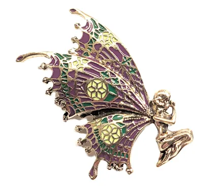 **NEW ARRIVAL** Side-View Enameled Purple & Green "FAIRY BUTTERFLY" BROOCH (2¼" x 1½") with Attached Gold Figure...