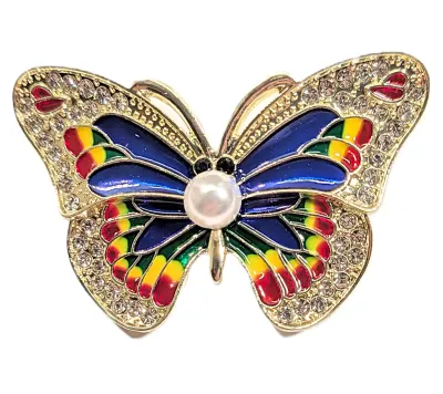 **NEW ARRIVAL** Small Red, Yellow, Green & Blue Enameled BUTTERFLY BROOCH (1¾" x 1") with Single White Faux Pearl Center on...