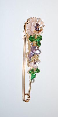 Beautiful Large Bejeweled PIN (3" x ¾") with PURPLE Stones on Blossoms & Leaves on a Gold Tone Pin
