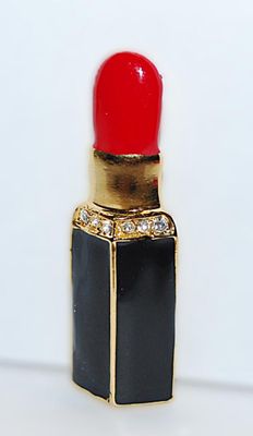 Unique "Austrian Crystal" LIPSTICK BROOCH (2" x ¾") with Bright Red Lipstick and Jeweled Gold Colored Top on a Black...