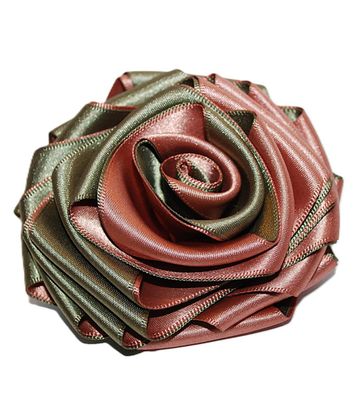Beautiful Large AVOCADO & MAUVE COLORED SATIN RIBBON ROSE BROOCH (3" Diam.) - Marked "Bluet New York" with Silver Tone...