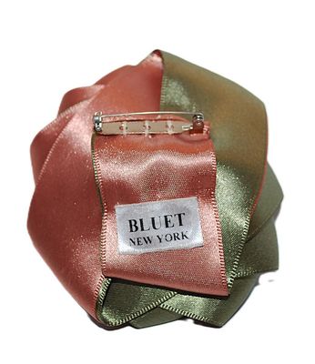 Beautiful Large AVOCADO & MAUVE COLORED SATIN RIBBON ROSE BROOCH (3" Diam.) - Marked "Bluet New York" with Silver Tone...