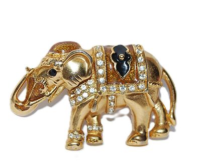 Vintage Gold Colored Jeweled ELEPHANT BROOCH (2½" x 1½") with Gold, Black & Ground Amber Colored Stones on a Gold Tone Setting