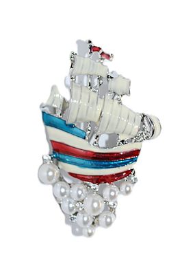 Red, White & Blue SAILING SHIP BROOCH (2¼" x 1½") with White Enamel Sails and Faux Pearls "Ocean" on a Silver...