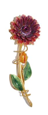 Beautiful FLOWER BROOCH (2¾" x 1") - Marked "©TC" - with Deep Red Center Flower Stone, Gold & Red Colored...