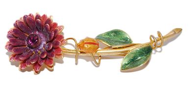 Beautiful FLOWER BROOCH (2¾" x 1") - Marked "©TC" - with Deep Red Center Flower Stone, Gold & Red Colored...