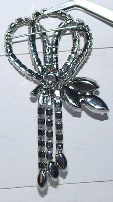 Beautiful 3 Looped Rows of Clear Stones BROOCH (3" x 1¾") with Marquise Cut Stone Accents & 3 Accent Dangles on a Silver...