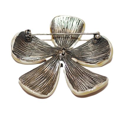 Ceramic Deep BEIGE & RED STREAKS FLOWER BROOCH (2" Diam.) with Center Circle of Multicolor Iridescent Stones and Silver Tone Pin