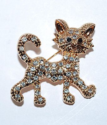Clear Stones Jeweled CAT BROOCH (1¼" x 1⅛") with Black Eyes on a GOLD TONE Setting