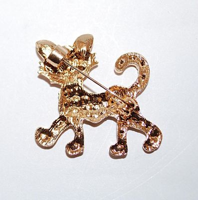 Clear Stones Jeweled CAT BROOCH (1¼" x 1⅛") with Black Eyes on a GOLD TONE Setting
