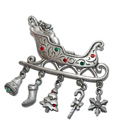 Holiday Toy-Filled SLEIGH BROOCH (2¼" x 2¼") with Red and Green Stones & Bell, Stocking, Tree, Cane and Star Dangles on a...