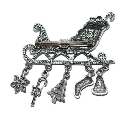 Holiday Toy-Filled SLEIGH BROOCH (2¼" x 2¼") with Red and Green Stones & Bell, Stocking, Tree, Cane and Star Dangles on a...