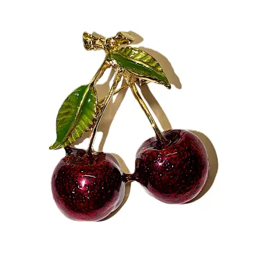 Pair of Enameled Deep RED CHEERIES BROOCH (1¾" x 1¼") with Green Leaves on a Gold Tone Setting
