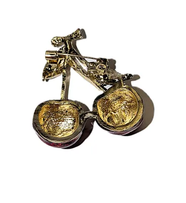 Pair of Enameled Deep RED CHEERIES BROOCH (1¾" x 1¼") with Green Leaves on a Gold Tone Setting