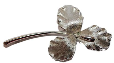 Brushed Silver Colored Metal 3-Leaf BROOCH (3¼" x 1¾") Marked © PIM with Silver Tone Setting