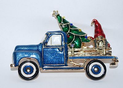 Blue Pickup TRUCK BROOCH (2¾" x 2½") Marked "NAPIER" with Holiday Tree, + Santa in a Gold Colored Bed & MOVEABLE...