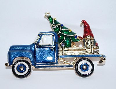Blue Pickup TRUCK BROOCH (2¾" x 2½") Marked "NAPIER" with Holiday Tree, + Santa in a Gold Colored Bed & MOVEABLE...