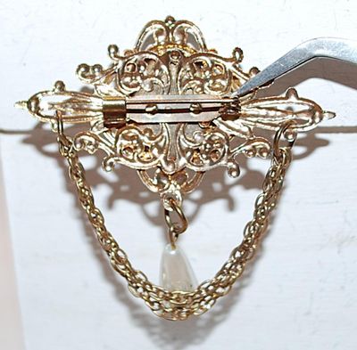 Vintage-Style White Oval Button BROOCH (2" x 2") with Chain Dangles on a Gold Tone Setting