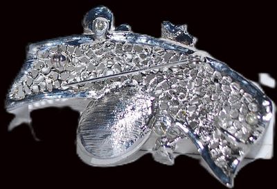 Large Banner-Style Floral Spray BROOCH/PENDANT (3" x 1¾") with Petal, Branches, Leaves and Oval Faceted Main Stone on a Silver...