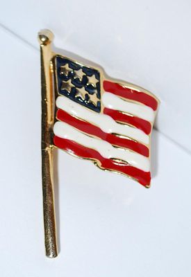 Heavy Enameled USA WAVEY FLAG BROOCH (2" x 1¼") with Gold Colored Pole & Gold Tone Setting