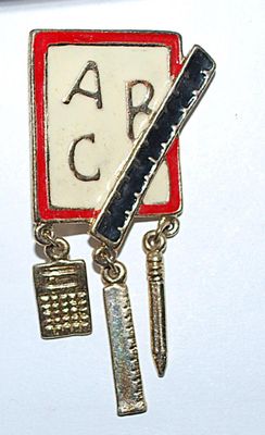 Vintage "ABC's" School +Teacher Combo PENDANT/BROOCH (3" x 1") with Rulers, Pencil & Calculator on a Gold...