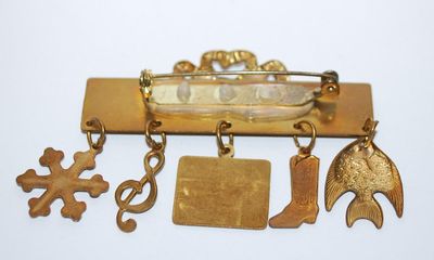 Happy Birthday CHARMS BAR BROOCH (2¼" x 1¼") with Fish, Boot, G Clef, Star and Present on a Gold Tone Setting