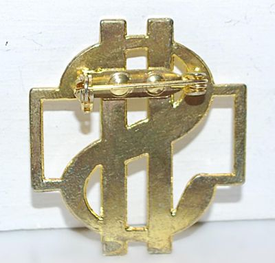 Gold Color DOLLAR SIGN BROOCH (1½" x 1¼") with 2 Vertical Rows of Round Clear Stones on a Gold Tone Setting