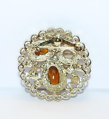 Triple Oval AMBER & WHITE STONES BROOCH (1½" Diam.) with Amber Accents Stones and Filagree Style Gold Tone Setting