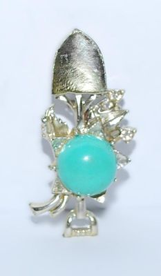 Silver Colored SHOVEL BROOCH (1¾" x ¾") with Robin's Egg Blue Cabochon on a Silver Tone Setting