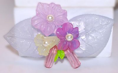 PINKS & YELLOW Acrylic BROOCH (3¾" x 2") with Faux Pearl Centers and Silver Tone Pin Back